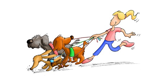 Una vignetta di una donna che porta a spasso i suoi cani al guinzaglio.