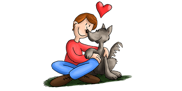 Un ragazzo dei cartoni animati che abbraccia un cane con un cuore.